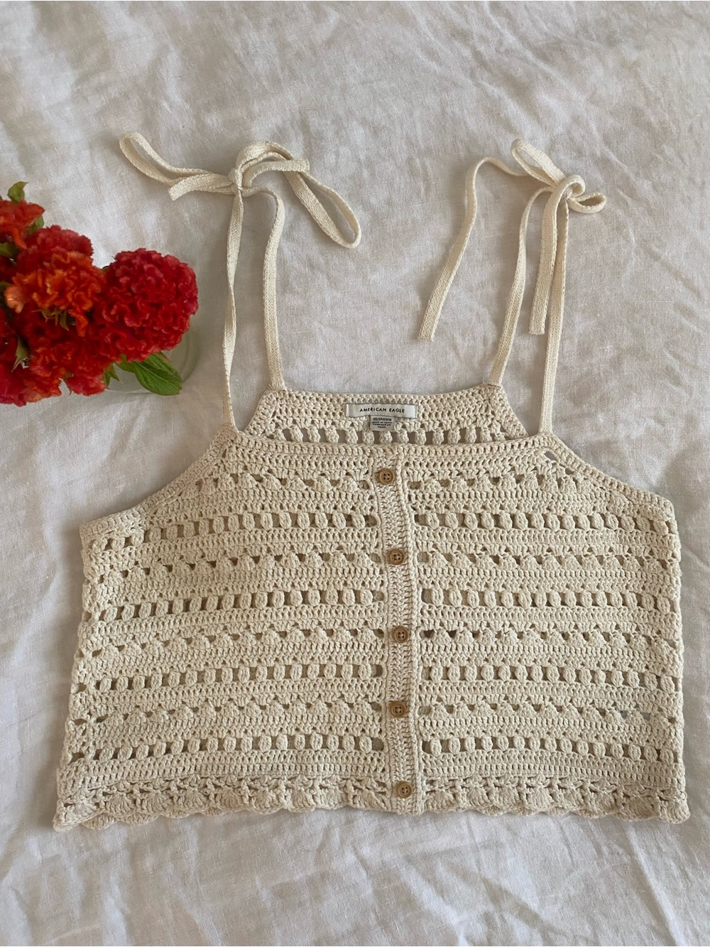 American Eagle Crochet Knit Tank Top in Cream with Wood Buttons, boho for sure!